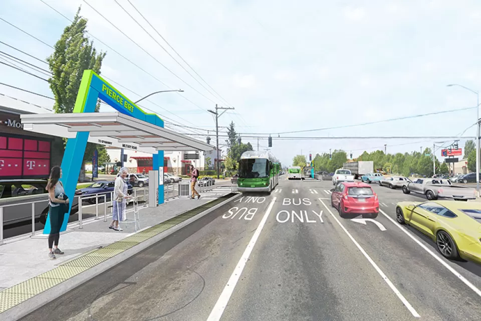 A conceptual rendering of a bus station station with two bus-only lanes running in the street.